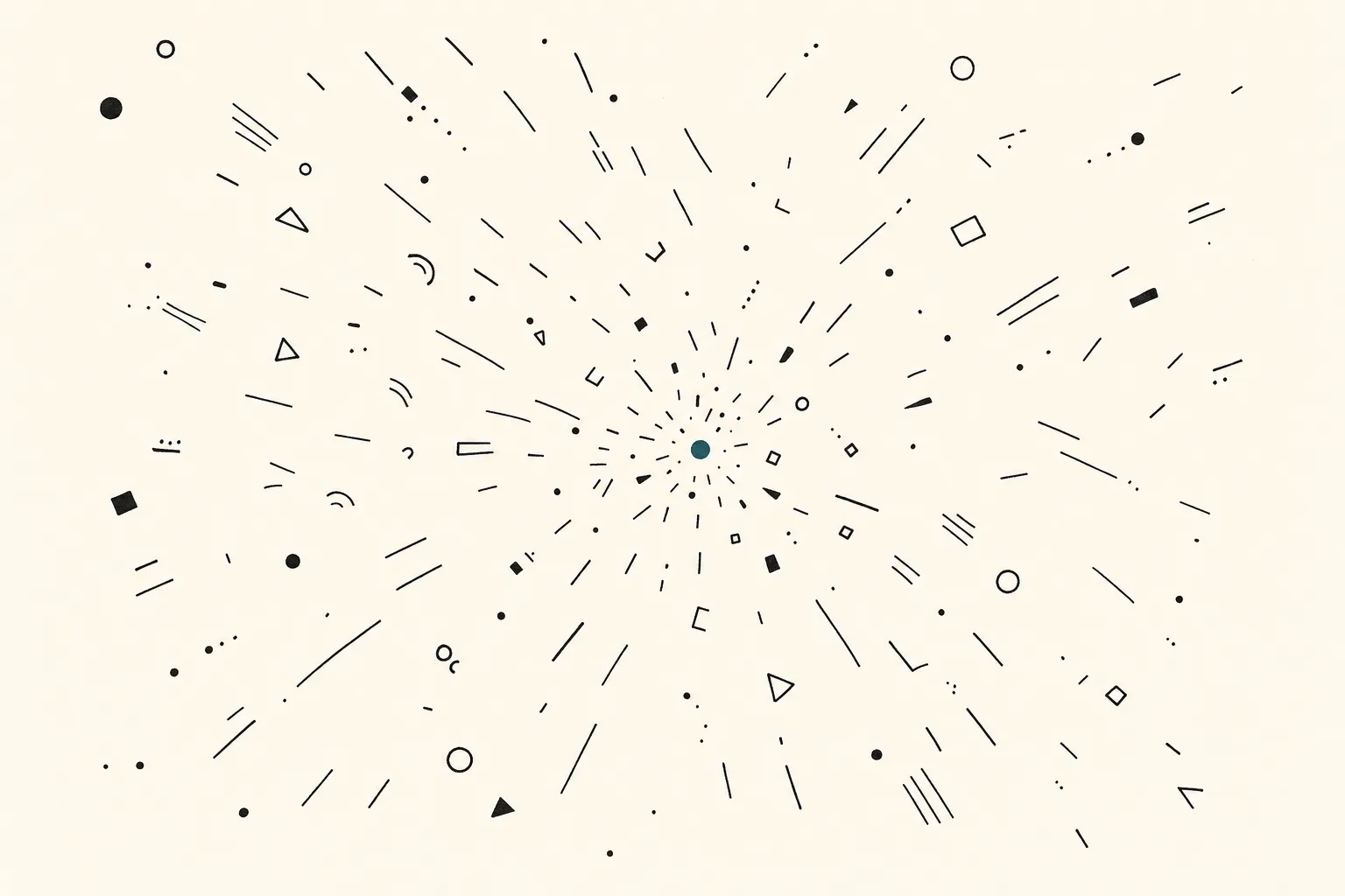 An editorial illustration of many small geometric elements converging from the edges of the composition toward a single dense focal point at the center.